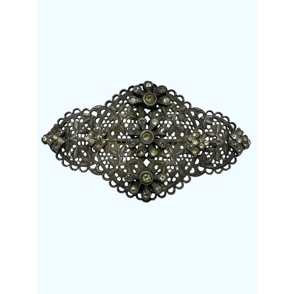 Marcasite Art Deco FiligreeBrooch w/ Rhinestones  3” x 1.5    Metal